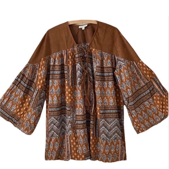 NEW Cotton Bleu Boho Lace Up Cotton Top - Picture 1 of 8